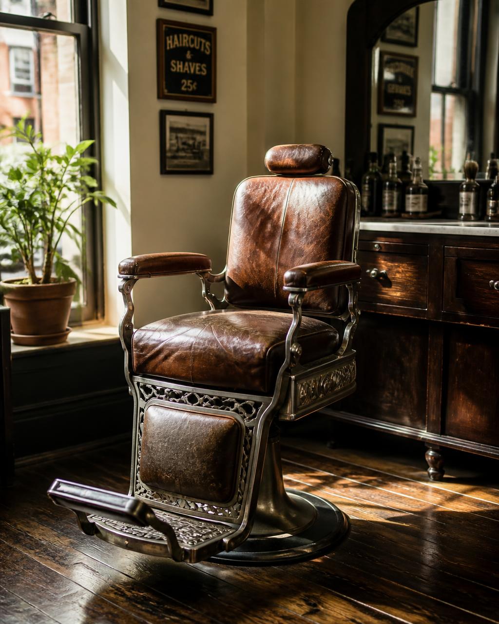 Vintage leather barber chair in a sunlit corner with dark wood floors